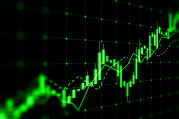 Stock market, analysis and economy growth concept with rising digital green financial chart graphs on dark blurry technological background. 3D rendering