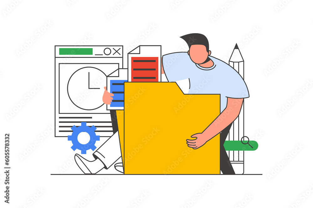 Poster Content manager outline web concept with character scene. Man creating content, making new posts in blog. People situation in flat line design. Illustration for social media marketing material.