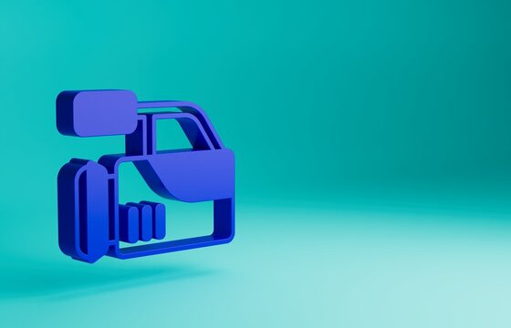 Blue Cinema camera icon isolated on blue background. Video camera. Movie sign. Film projector. Minimalism concept. 3D render illustration