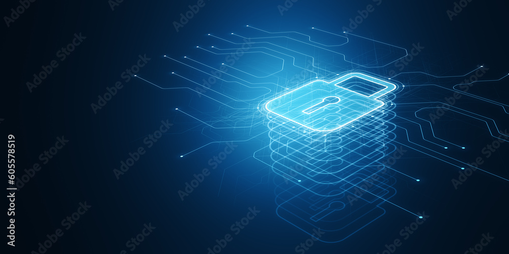 Aufkleber glowing security padlock on blue backdrop. digital interface and protection concept. 3d rendering.