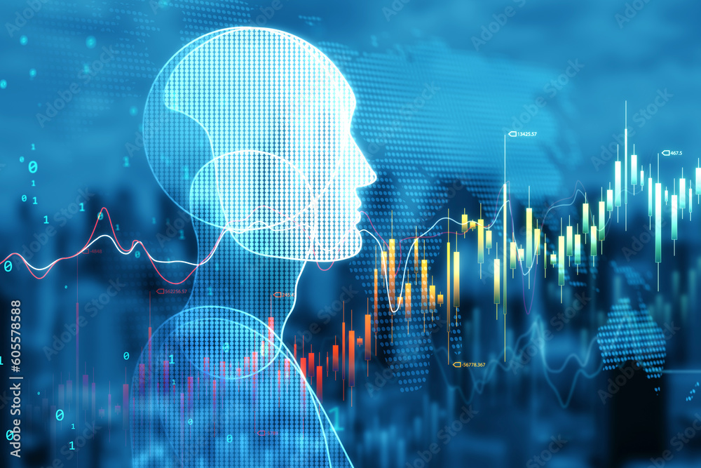 Poster stock and forex trading by artificial intelligence and machine learning concept with robot silhouett