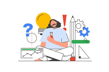 Science outline web concept with character scene. Man making tests, researching and experimenting in lab. People situation in flat line design. Illustration for social media marketing material.