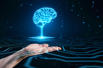 Artificial intelligence, science, innovations and network technologies concept with digital blue glowing human brain on platform above man hand on abstract dark technological background with circuit