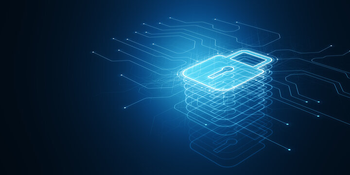 Glowing security padlock on blue backdrop. Digital interface and protection concept. 3D Rendering.