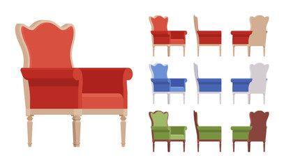 Armchair, soft wing chair, wingback furniture big set, bright vivid colors. Club tea meeting, living room, hotel accent decoration. Vector flat style cartoon home, office isolated, white background