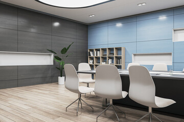Side view on stylish black conference table and white chairs around on wooden floor in spacious meeting room with bookshelf on light blue and dark walls background. 3D rendering