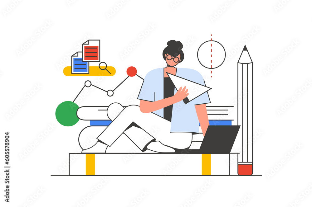 Poster Back to school outline web concept with character scene. Student studying online and making homework. People situation in flat line design. Illustration for social media marketing material.