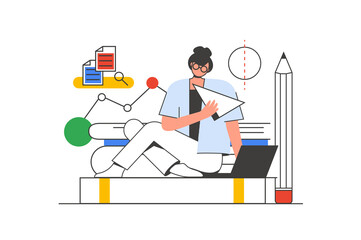 Back to school outline web concept with character scene. Student studying online and making homework. People situation in flat line design. Illustration for social media marketing material.