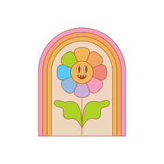Vector illustration in simple linear style - design templates and stickers - rainbow flower with smiling face, hippie, happy and groovy smiley characters, feel good
