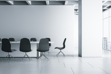 Clean concrete meeting room interior with mock up place on wall, window and city view. 3D Rendering.
