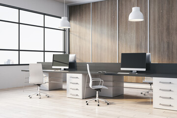 Contemporary wooden coworking office interior with window and city view, furniture, computers and daylight. 3D Rendering.