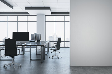 Modern minimal coworking office interior with blank white mock up poster, furniture and panoramic windows with city view. 3D Rendering.