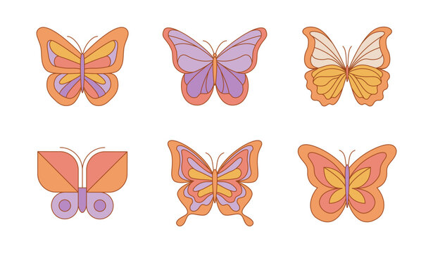 Vector set of design elements and illustrations in simple minimalist linear style - butterfly clip art for collage, prints, posters
