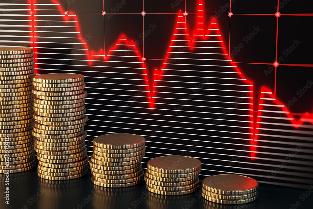 Aufkleber Stacked golden coins with falling red forex chart on dark texture. Crisis and recession concept. 3D Rendering.