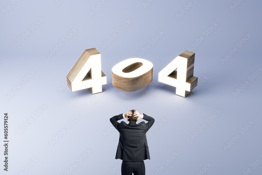 Poster 404 page not found error creative concept with wooden 3d digits and panic person holds his head on l