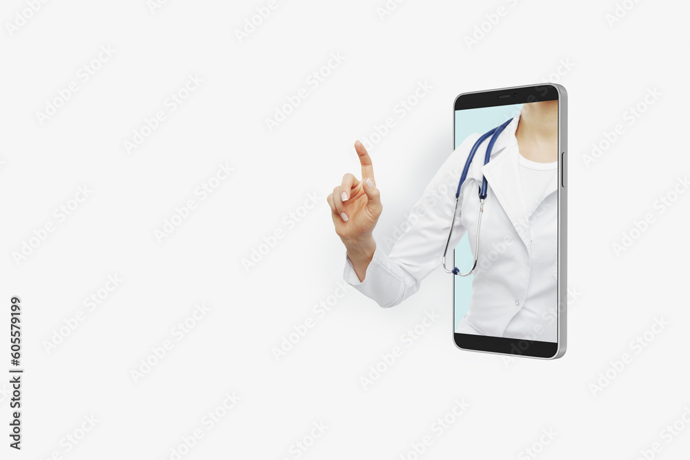 Aufkleber doctor through smartphone screen with stethoscope and index finger up on blank white background with