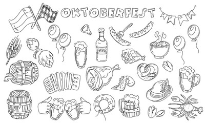 Oktoberfest set - grilled sausage, sausage on a fork, a glass of beer, a can of beer, a German flag, a soft pretzel, a hat, a wooden barrel highlighted in white. Contour illustration, coloring
