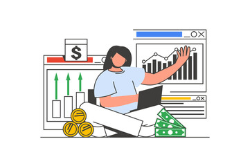 Financial budget outline web concept with character scene. Woman calculates and plans personal finance. People situation in flat line design. Illustration for social media marketing material.