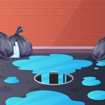 Illustration of water entering a manhole with a pile of garbage