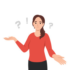 Fototapeta na wymiar Vector illustration of frequently asked questions. Confused girl. Girl have some questions. Dialog. Question form. Flat vector illustration isolated on white background