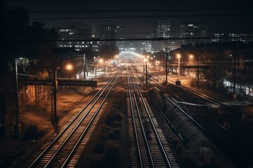 Fototapeta na wymiar Train tracks at night. Generative AI
