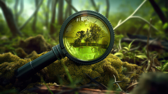 Radioactive contamination concept. Contaminated land under the magnifying glass, tones of green and yellow. Created with generative AI technology.