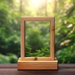 Wooden Product Display Podium with Green Nature Garden. Generative AI