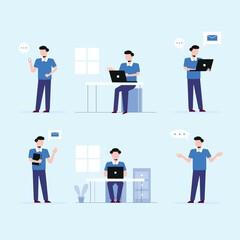 set of a man working in a home office. Freelance concept, online business. flat illustration of character with laptop or phone in comfortable workplace blue background.