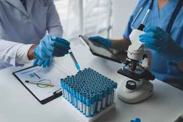 medical research laboratory Team of scientists or doctors using digital tablets analyzing advanced...
