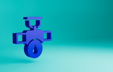 Blue Industry metallic pipe and valve icon isolated on blue background. Minimalism concept. 3D render illustration