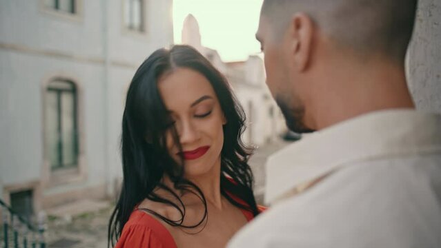 Seductive woman dancing partner latino style on street close up. Sensual dance