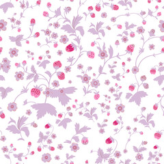 Seamless pattern with strawberries and flowers, wild berries, leaves. Vector seamless texture illustration for summer cover, botanical wallpaper pattern, white background.