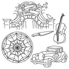 A set of elements of the school environment theme in a contoured monochrome style. The outline of a gate, a car, a bird, a spider window, a cello, a knife. Black and white collection for Halloween
