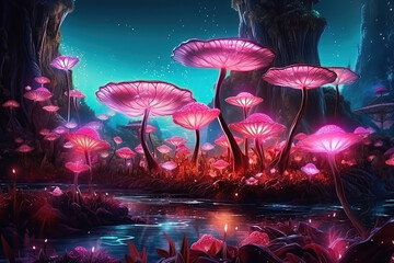 peaceful illustration of glowing pink flowers on the riverside, Generative AI