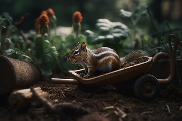 A chipmunk using mini wheelbarrow to move acorn. Generative AI