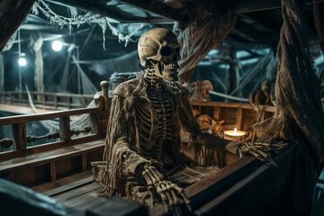 Fototapeta na wymiar Skeleton captain on a ghost ship under the moonlight. Generative AI
