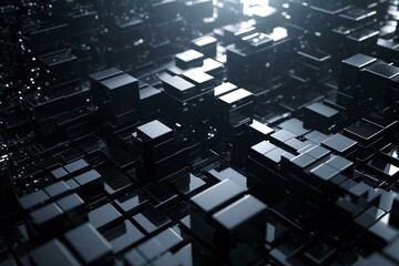 Glossy black & grey blocks create futuristic tech wallpaper. 3D render. Generative AI