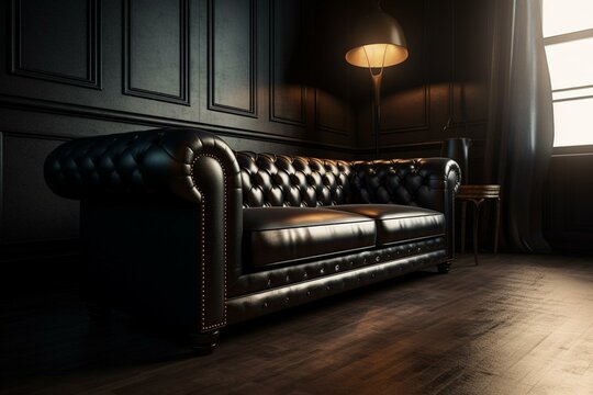 A black leather 3d sofa rendering. Generative AI