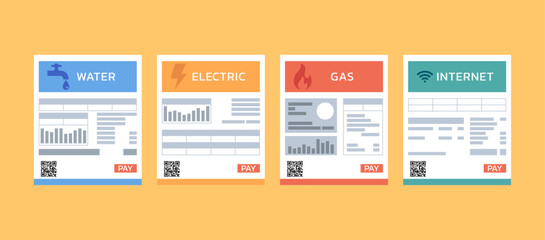 group of online payment utility bills, vector flat illustration