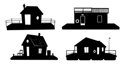 Set of Floating house. Silhouette design. Dwelling with small courtyard on water. Isolated on white background. illustration vector.