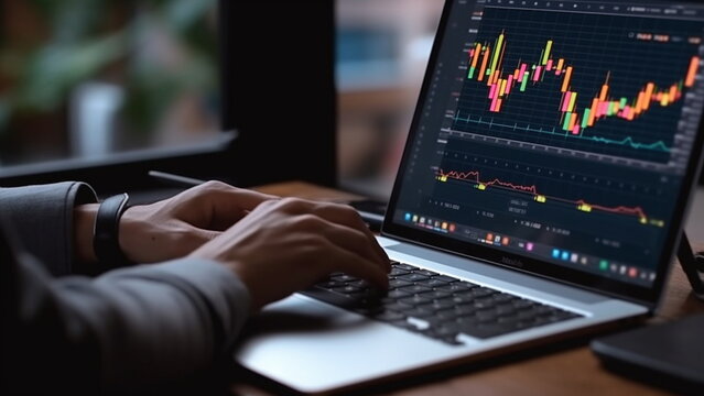 Finance trade manager analyzing stock market indicators for best investment strategy with Generative AI.