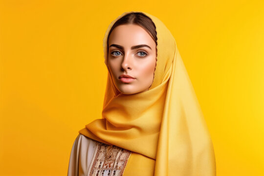 Portrait of beautiful young muslim woman in hijab on yellow background. Generative AI.