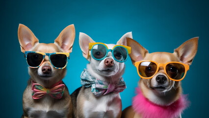 Chihuahuas wearing colorful sunglasses with Generative AI.