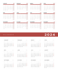 Set of 2024 Annual Calendar template. Vector layout of a wall or desk simple calendar with week start monday. Calendar design in black and white colors, holidays in red colors.