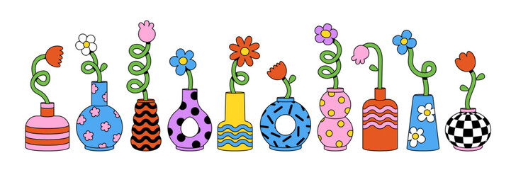 Cute cartoon flower and vase set. Daisy floral organic form and other elements in trendy playful cartoon style. Vector illustrations isolated on white background.