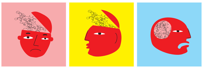 Abstract Cartoon Overthinking Men. Simple Vector Illustration of Red Human Heads with Black Sketched Scribbles Inside Isolated on a Pink, Yellow and Blue Background.	Set of Stress Symbol Prints.
