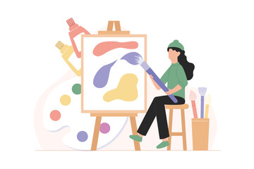 Female painter is painting on the canvas. Vector Flat Illustration