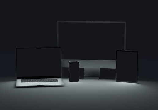 PARIS - France - April 28, 2022: Newly released Apple devices, Imac 24 desktop computer, Iphone 13 pro max mobile, Macbook laptop, Ipad tablet- 3d realistic rendering screen mockup on dark