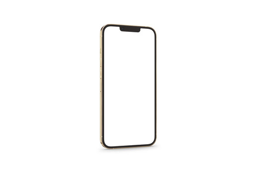 PARIS - France - April 28, 2022: Newly released Apple smartphone, Iphone 13 pro max Gold color realistic 3d rendering, front screen mobile mockup with shadow on white background