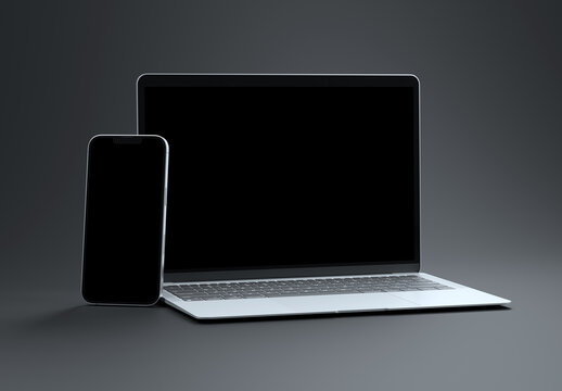 PARIS - France - March 15, 2023: Newly released Apple Macbook Air and Iphone 14, Silver color. Side view. 3d rendering laptop mockup on dark background
